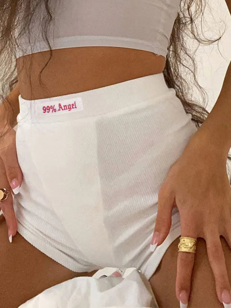 Summer White Letter Embroidery Biker Shorts Ribber Knit Black High Waist Shorts