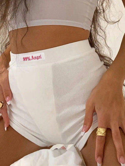 Summer White Letter Embroidery Biker Shorts Ribber Knit Black High Waist Shorts