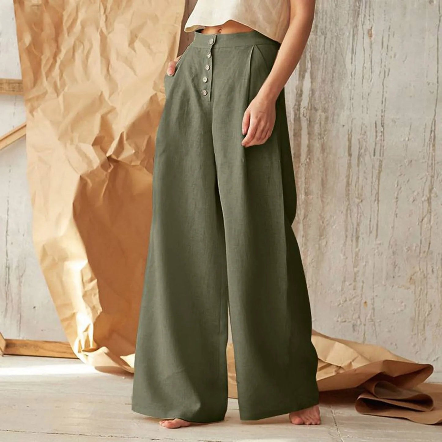 Flared Color High Waist Cotton Linen Pant