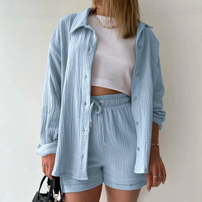 Blue Drawstring Shorts Office Two Piece Set
