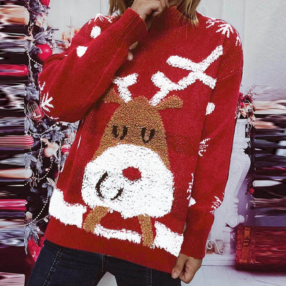 Pink Christmas Sweater With Loose Neck and Love Heart Pattern