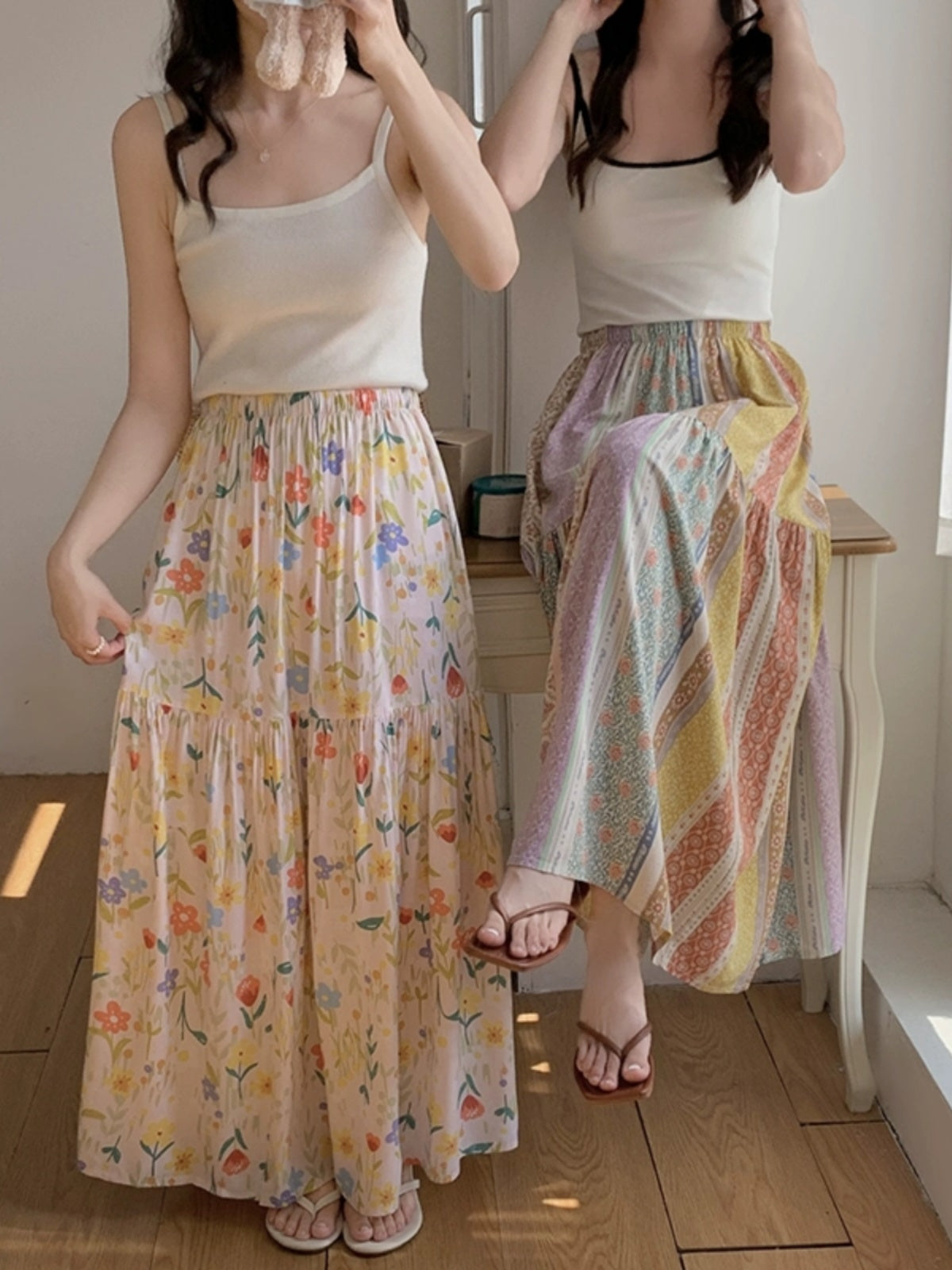 Sweet Cotton Skirt _ Summer Crinkled Midi Skirt for Flowy Skirt