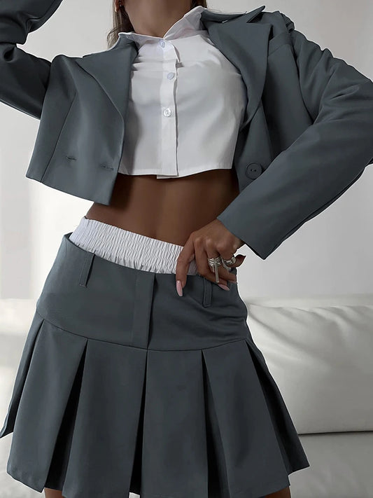 Blazer and Skirt Sets for Two Piece Set Outfits Gray Cropped Coat Blazer Femme 2-piece Sets New