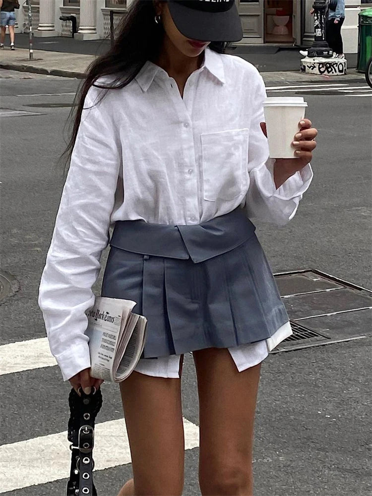 New Mini Skirt for High Waist Gray Pleated Skirt A-line Turn-down Shorts Y2k Skirt With Pockets