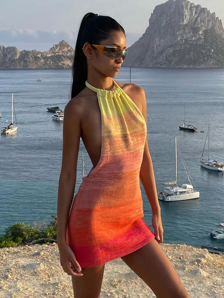 Summer Dress for Knitting Halter Sleeveless Bodycon Mini Dresses Y2k Backless Beach Dress Short