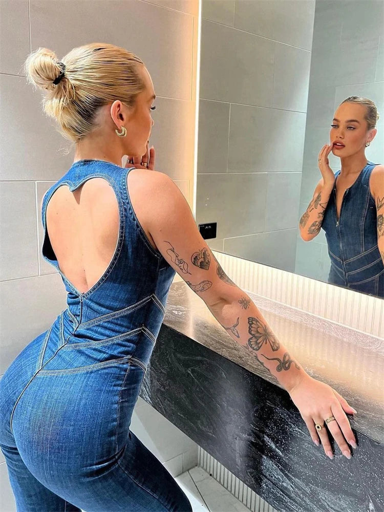Backless Heart Cutout Bodycon Jumpsuit for Sleeveless Slim One-piece Outfits Retro Denim Jumpsuits New