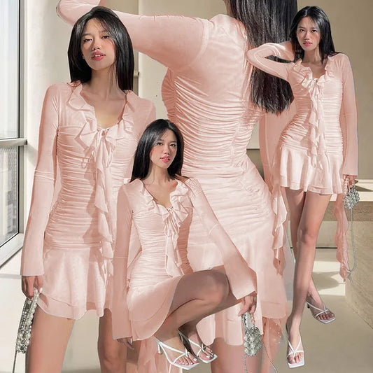 Bandage Folds Mini Dress for V Neck Slim Long Sleeve Bodycon Dresses Femme Street High Waist Dresses