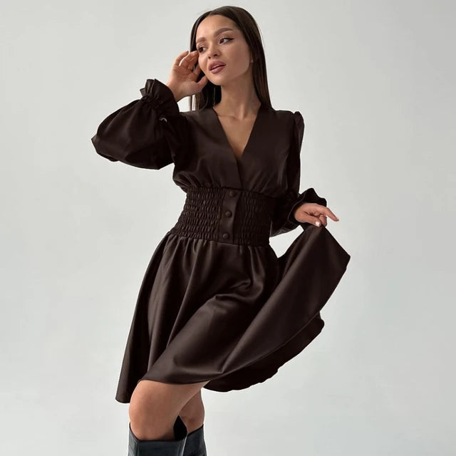 Folds Satin Dresses for Birthday V Neck Slim Dress Femme Party Temperament Retro Midi Dress Woman