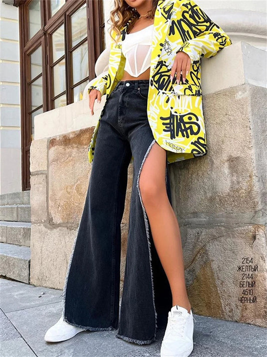High Waisted Side Split Out Jeans Loose Cargo Black Pants Summer Wide Leg Long Baggy Y2k Jeans