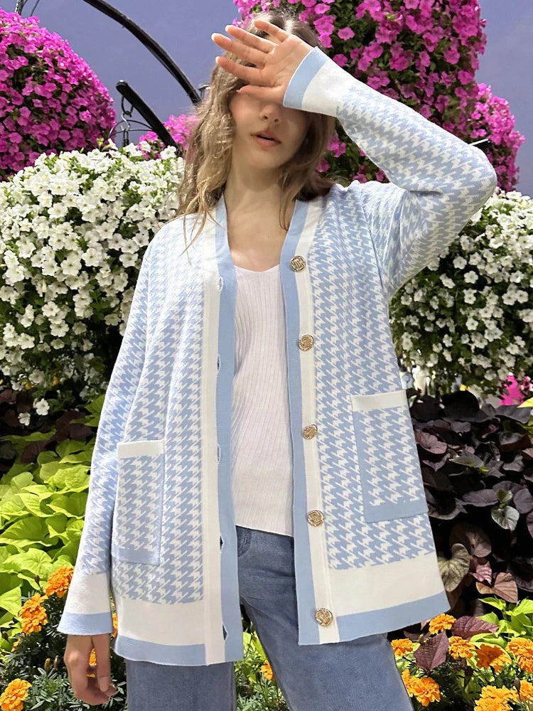 Houndstooth Knitted Cardigan Loose Pockets Oversized Sweater Knitwear Cardigans Femme