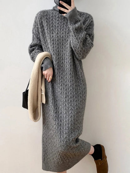 Knitted Long Dress Loose Long Sleeve Turtleneck Pullover Femme Retro Warm Sweater Knitwear Cover Up