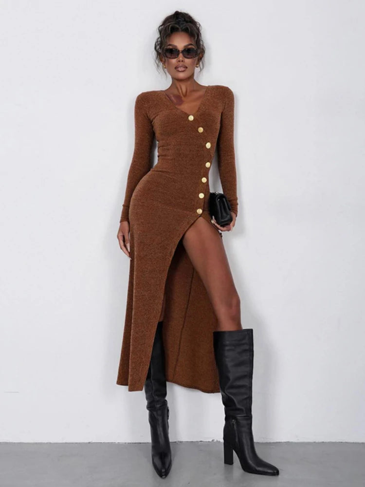 Knitted Maxi Dress for Slit Slim Long Sleeve Buttons Dresses Knitwear Party Retro Dress Lady New