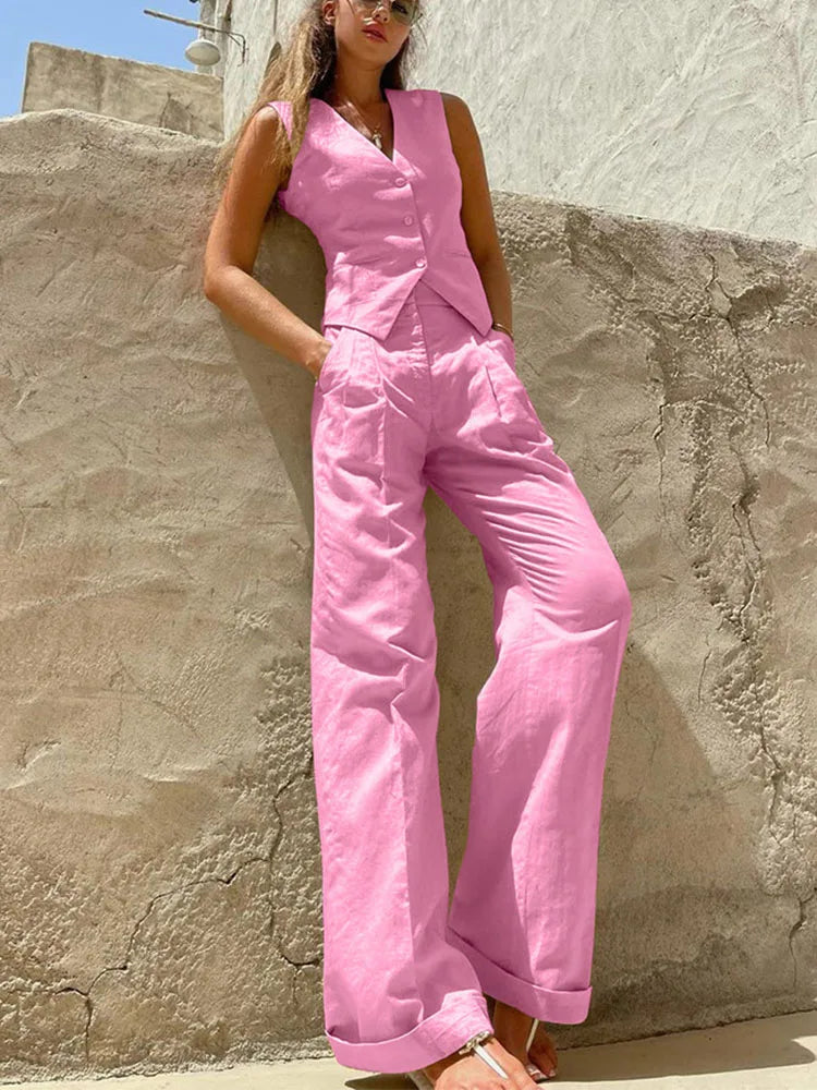 Loose Pant Sets Woman High Waist Baggy Trouser Suit for Summer V Neck Vest 2 Piece Suits Outfits
