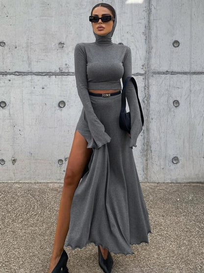 Loose Side Slit Skirt Two Piece Sets Outfits Dress Sets Short Long Sleeve Hoodies and Skirts Suit Femme