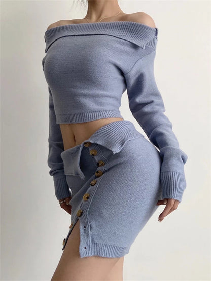 Off-shoulder Cropped Pullover Top Sweater E-girl Blue Turn-down Collar Crop Sweaters Knit Tops