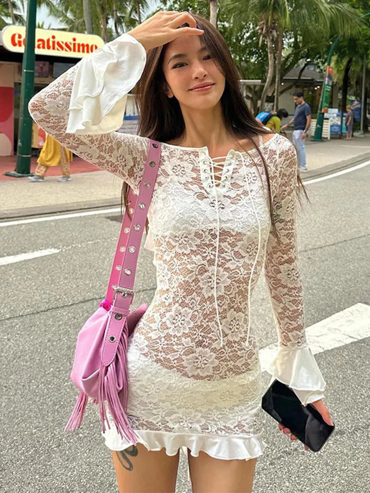 Ruffle Lace Dress for Off Shoulder Bandage See Through Mini Dresses Summer Beach Backless Holiday Dress Woman