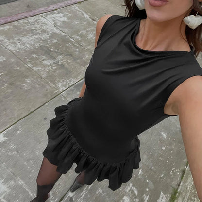 Ruffles Splice Vest Mini Dress for Sleeveless Slim Fit Color Hot Girl Club Party Dress Female