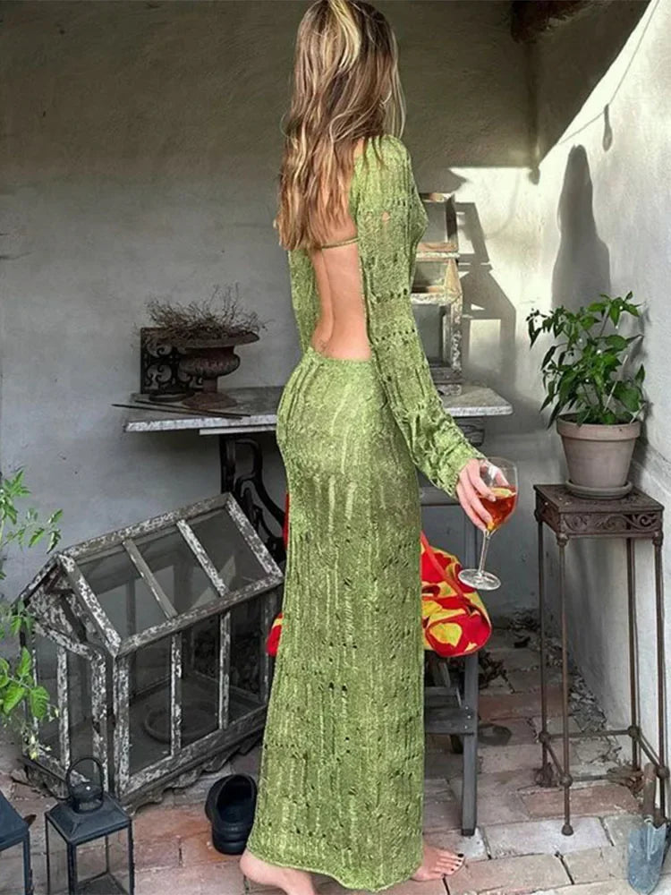See Through Backless Dress for Summer Hollow Out Kintted Maxi Dresses Femme Club Vestido Woman
