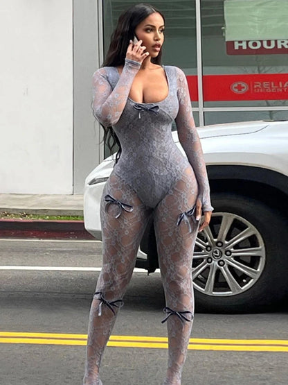 See Through Mesh Jumpsuit Bow Splice Long Sleeve Bodycon One Piece Hot Girl Party Club Overalls for Woman