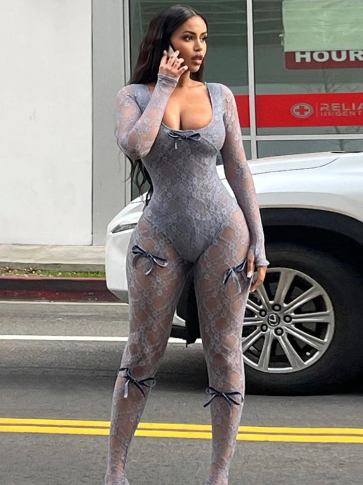 See Through Mesh Jumpsuit Bow Splice Long Sleeve Bodycon One Piece Hot Girl Party Club Overalls for Woman