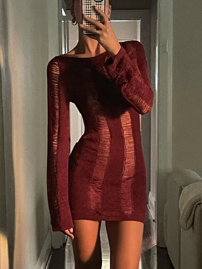 Sheer Knitted Dress Bodycon Long Sleeve Hollow Out Mini Dresses Femme Club Backless Knitwear Dress