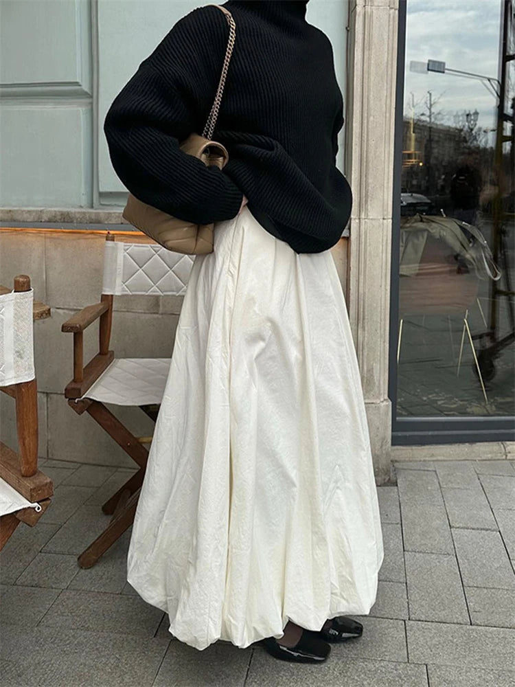 Silk Satin White Maxi Skirt Long Ruffled Pleated Skirts Lantern Pants A-line Silk Long Skirts for New