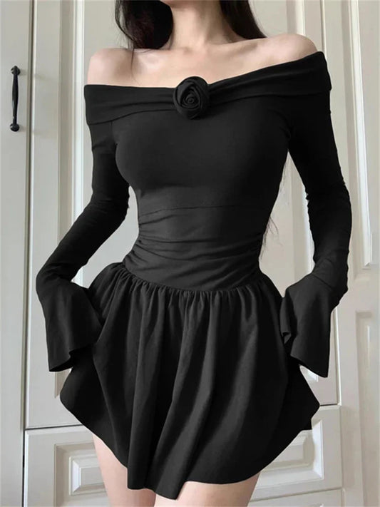 Splice Flower Bodycon Mini Dress for Ruffled Folds High Waist Dresses Femme Off Shoulders Slim Dress Woman