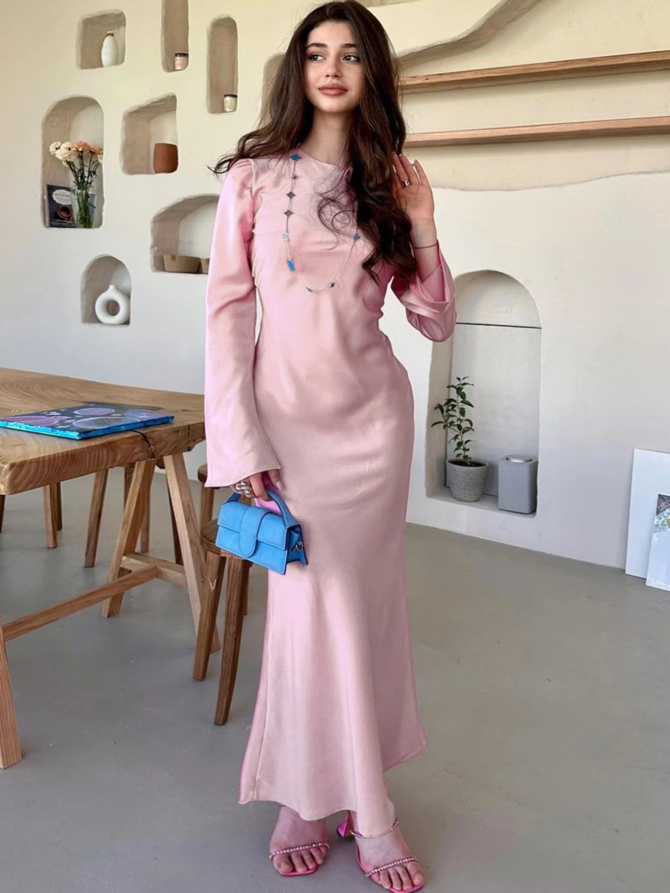 Stain Slim Maxi Dresses for Party Evening Dress ’s High Waist Femme Autumn Dress