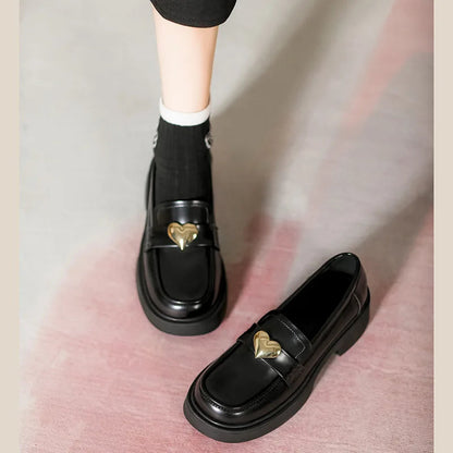Retro British Style Chunky Heel Slip on Leather Round Toe Platform Flats Loafers