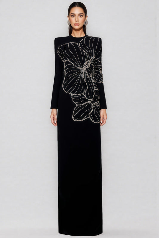 Tildat Long-sleeved Orchid-patterned Maxi Dress