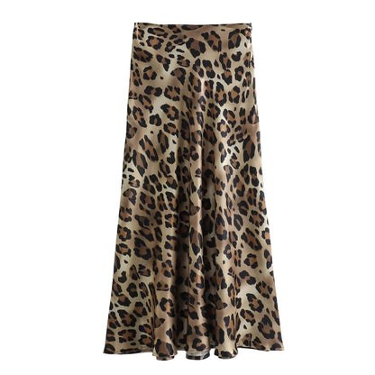 Female Retro Leopard Print Summer High Waist Satin A-line Skirt