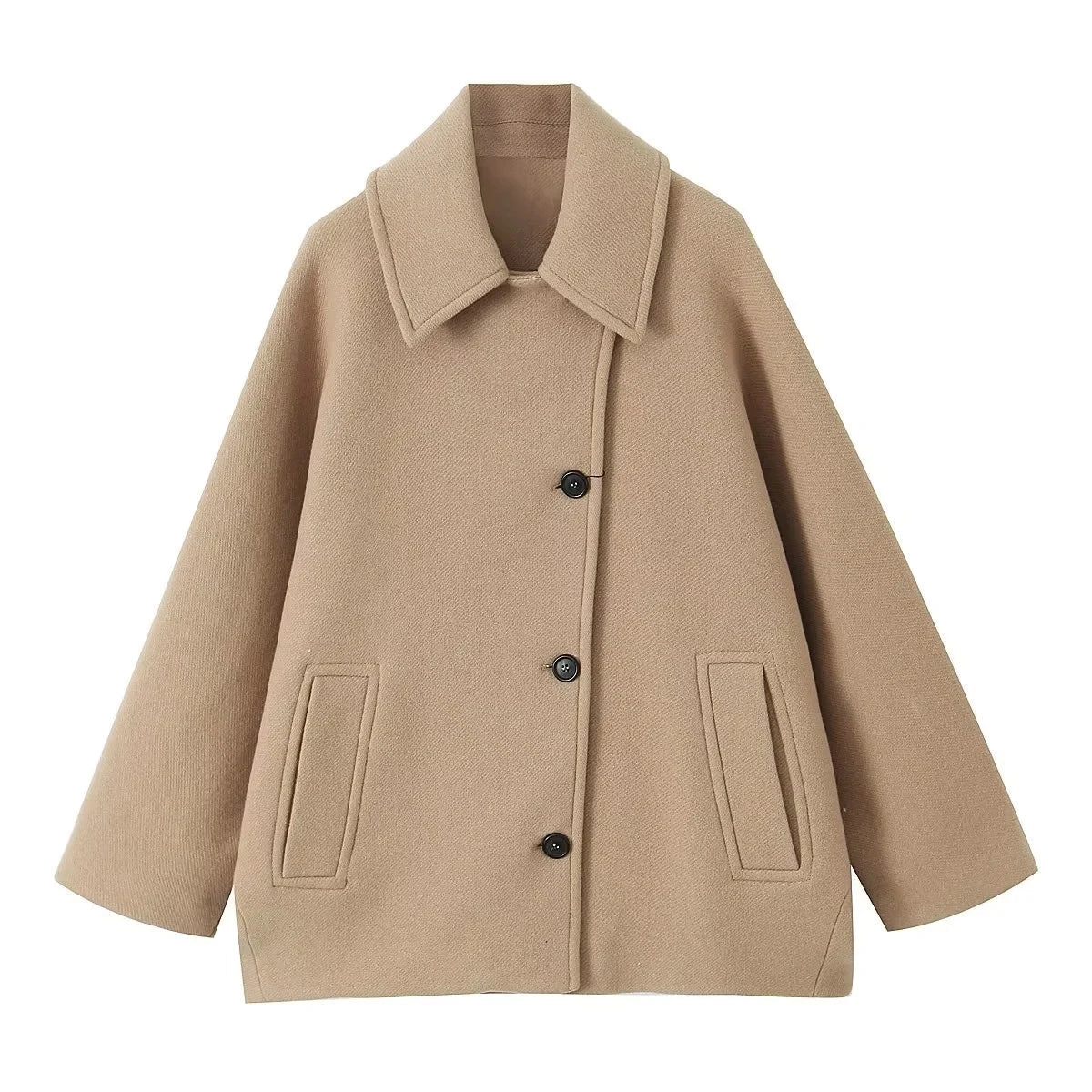 Winter Loose Short Stand Long Wool Blended Khaki Coat