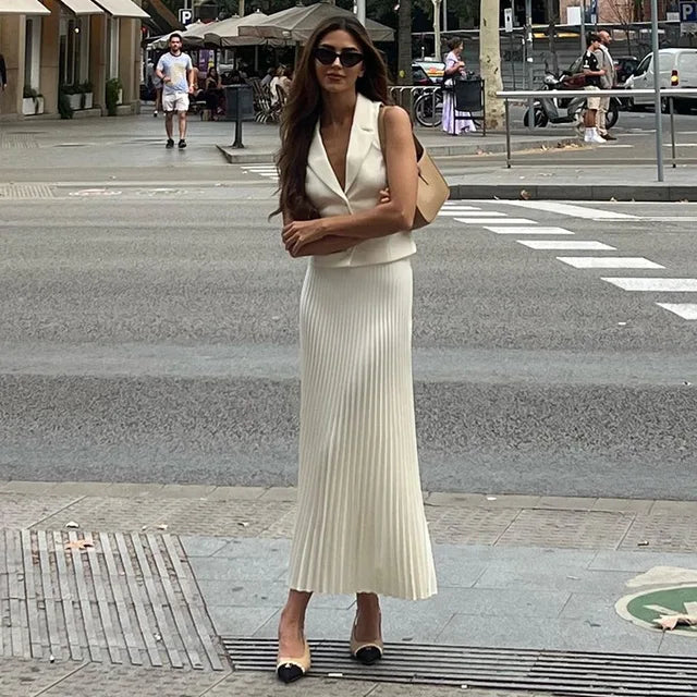 Trauxy Summer New Pleated Skirt Suit for Slim Sleeveless Short Vest Top Long Skirt High Waist Two Pieces Set