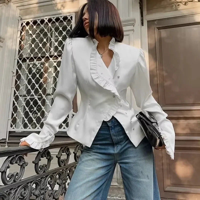 Ruffled White Long Sleeve Blouse