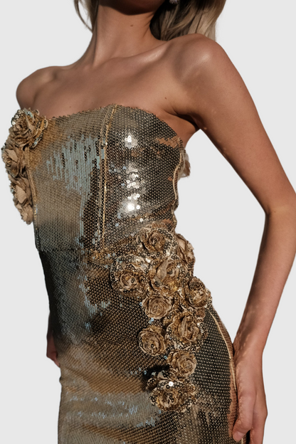 Tambi Strapless Sequin Midi Dress