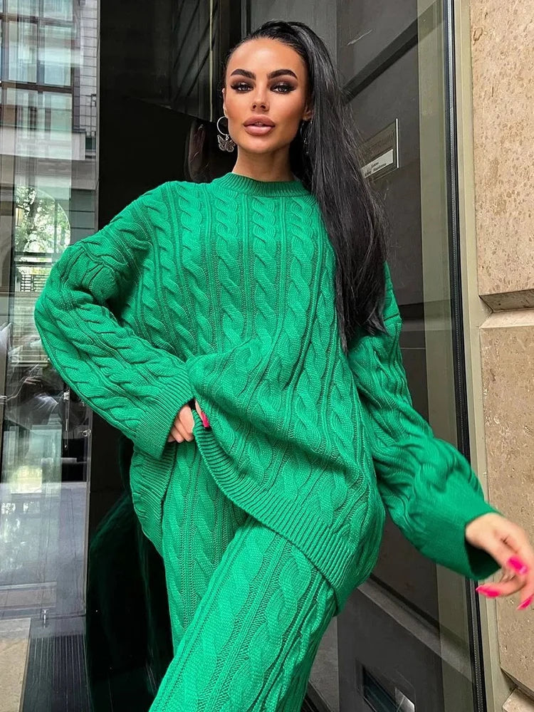 Autumn Knit Outfits Two Piece Sets Rib Loose Pullover and Wide Legs Pants Sweater Suit Matching Sets