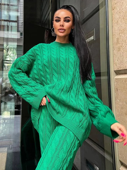 Autumn Knit Outfits Two Piece Sets Rib Loose Pullover and Wide Legs Pants Sweater Suit Matching Sets