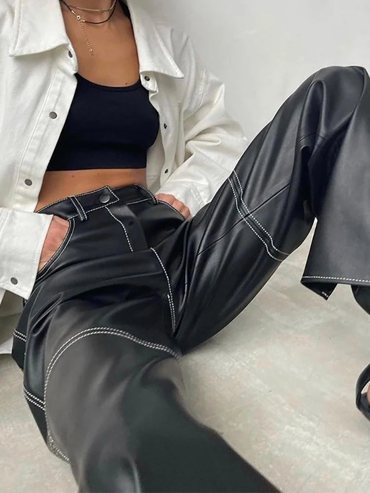 Pu Leather Straight Pants Black High Waist Long Pant for Autumn Style Trousers Y2k