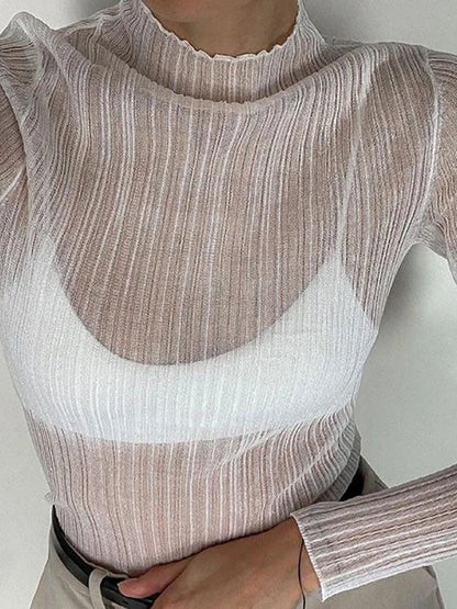 See Through Knitted T-shirts Autumn White Long Sleeve Mock Neck Tops Femme High Street Slim Tops Tee