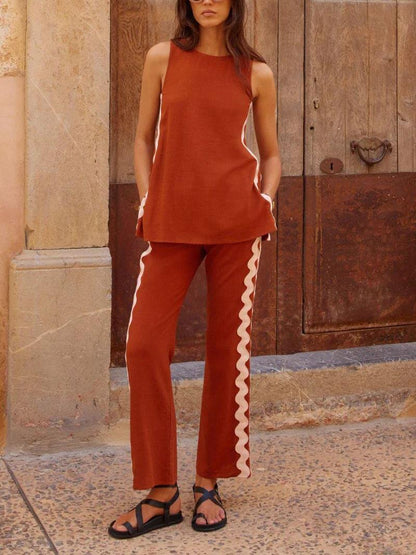Sleeveless Loose Slit Top and Wide-leg Pants Set