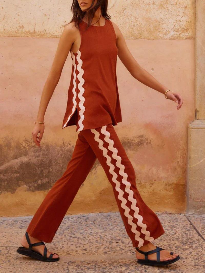 Sleeveless Loose Slit Top and Wide-leg Pants Set