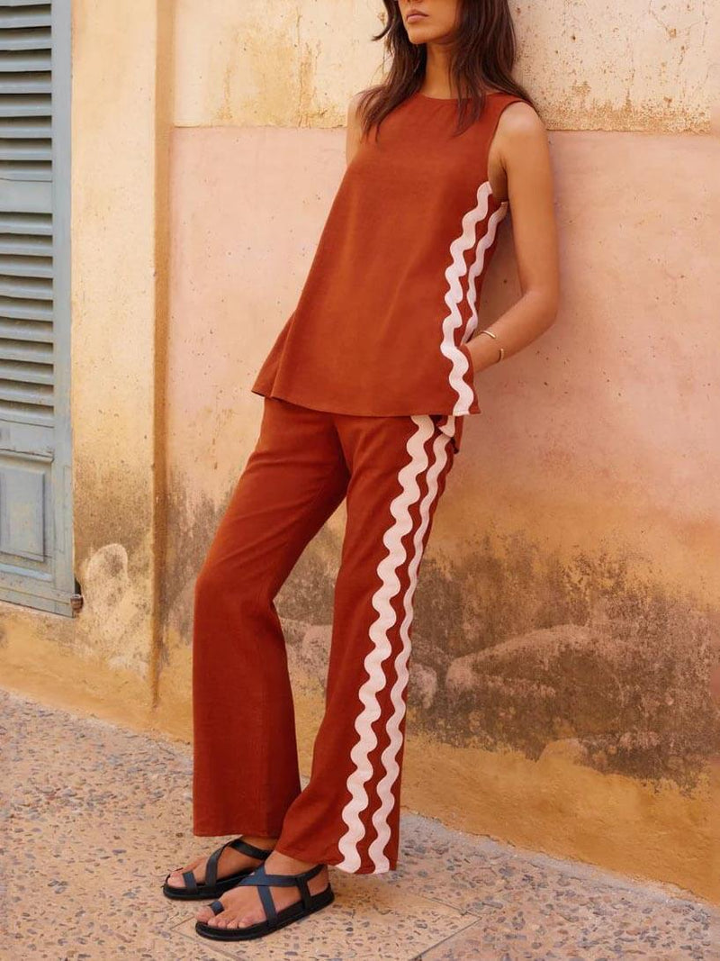 Sleeveless Loose Slit Top and Wide-leg Pants Set