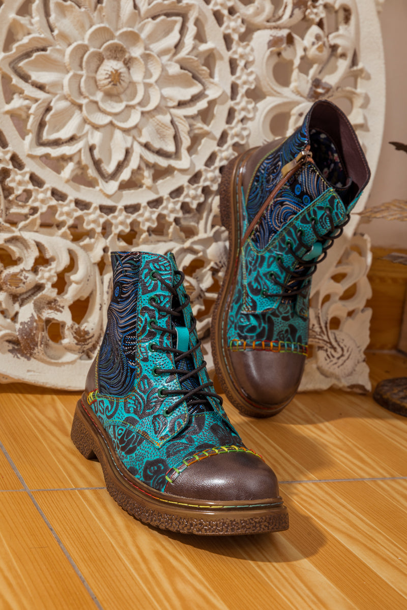 Soffia | Peacock Feather Embossed Leather Combat Boot