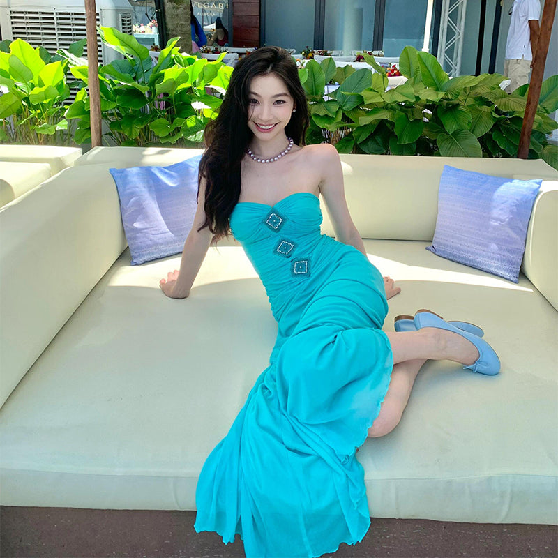 Teal Strapless Corset Maxi Dress _ Sophisticated & Slimming Vacation Look