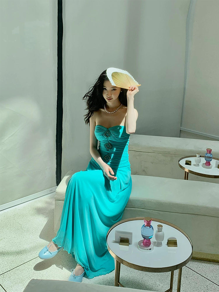 Teal Strapless Corset Maxi Dress _ Sophisticated & Slimming Vacation Look