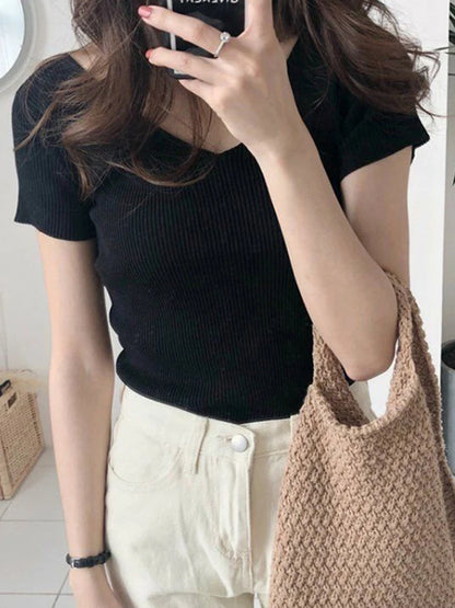 Tee Tops for V-neck Short Sleeve T-shirt Woman Slim Color T Shirts
