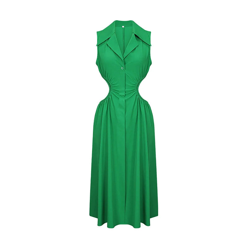 Tempting Cut Out A-line Turn-down Collar Sleeveless High Waist Slim Midi Dress