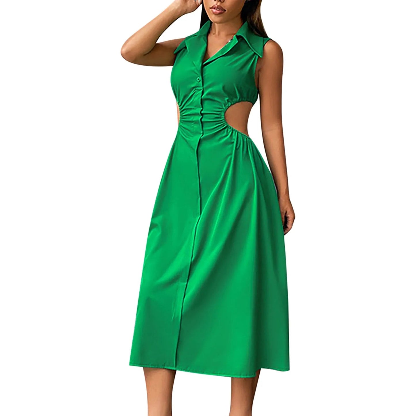 Tempting Cut Out A-line Turn-down Collar Sleeveless High Waist Slim Midi Dress