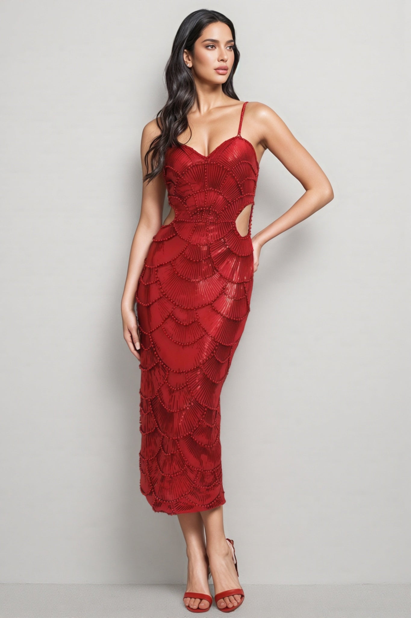 Kaya Sleeveless Pearl Sequin Midi Dress