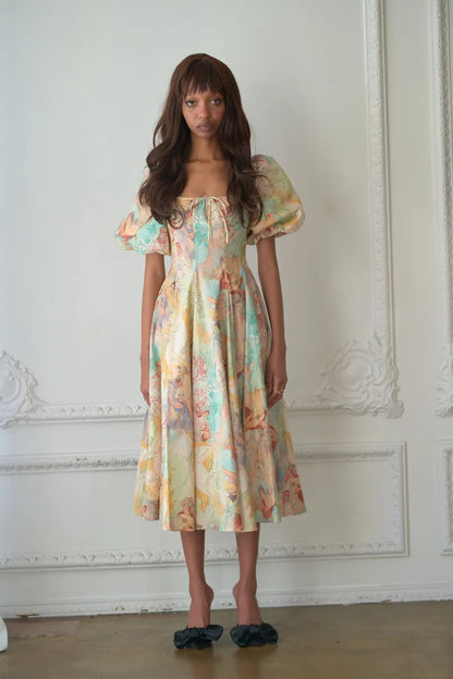 Joyce Printed Lantern Sleeves Midi Dress